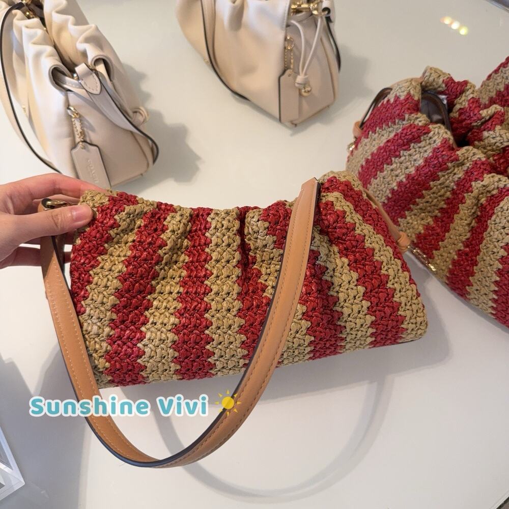 NWT coach Faye Shoulder Bag Gold/Red/Tan Straw and smooth leather CER33 - Picture 4 of 9